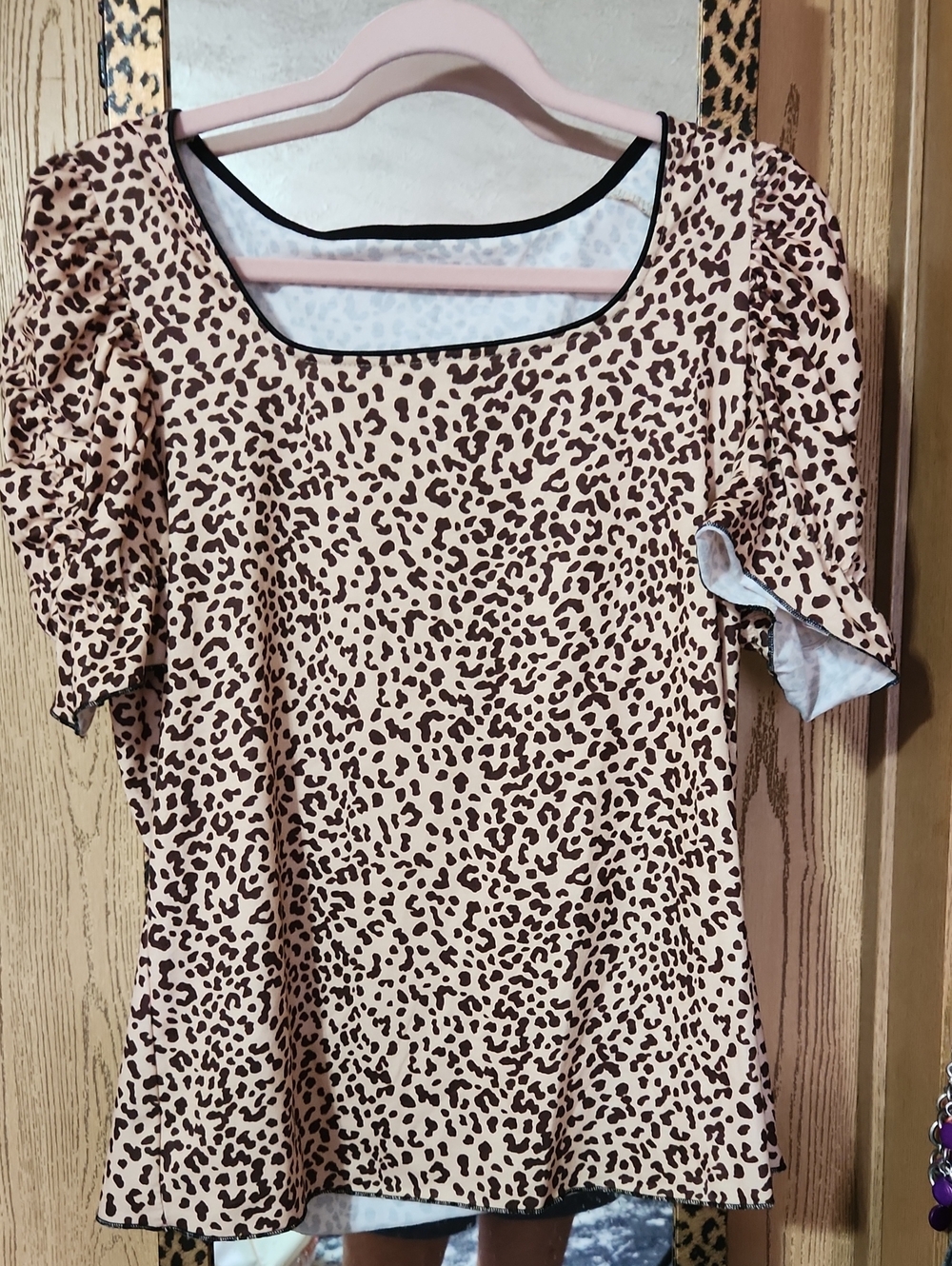 Leopard Print Short Sleeve Blouse in Beige and Brown - Picture 1 of 2